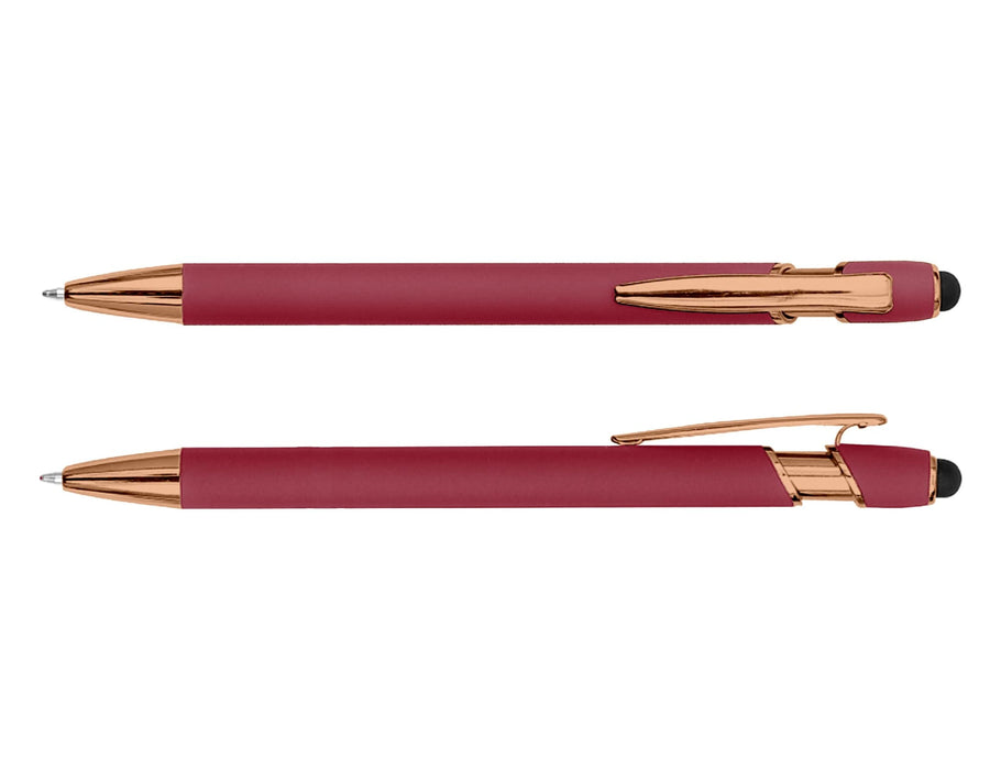 Colombo Rose Gold Stylus Pen - A rose gold stylus pen with a rich burgundy body and a sleek design. Includes a branding logo.