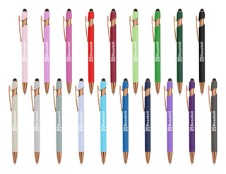 Colombo Rose Gold Stylus Pen - A collection of stylus pens in various colours like pink, red, green, and blue, featuring rose gold accents and branding.