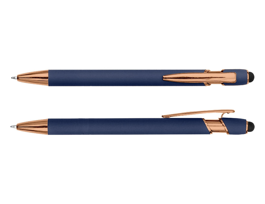 Colombo Rose Gold Stylus Pen - A navy blue stylus pen with rose gold accents, featuring a sleek design and a logo on the body.
