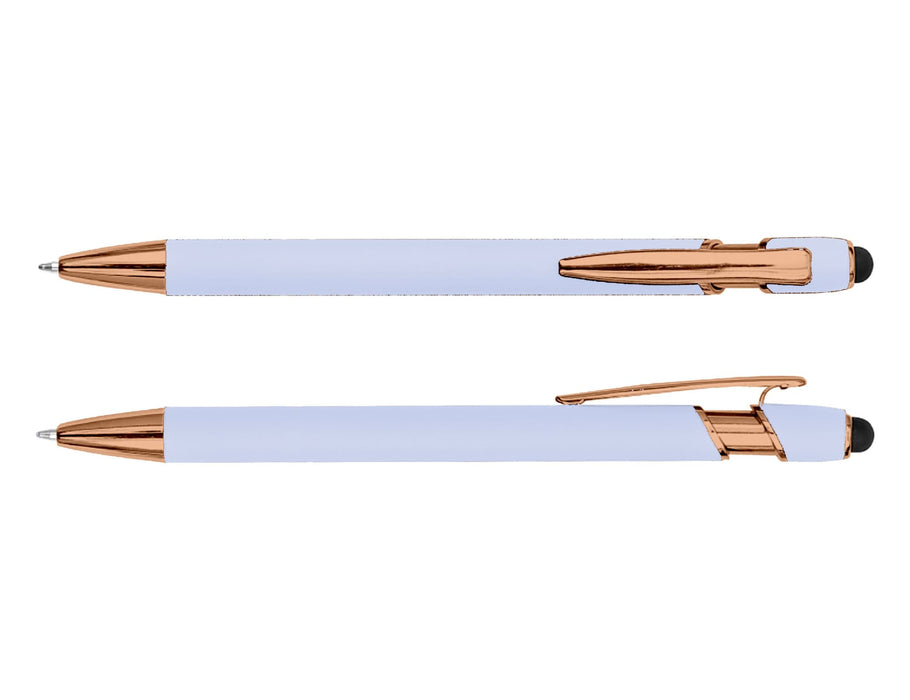Colombo Rose Gold Stylus Pen - A stylus pen in light blue with rose gold accents, featuring a sleek design and a clip.