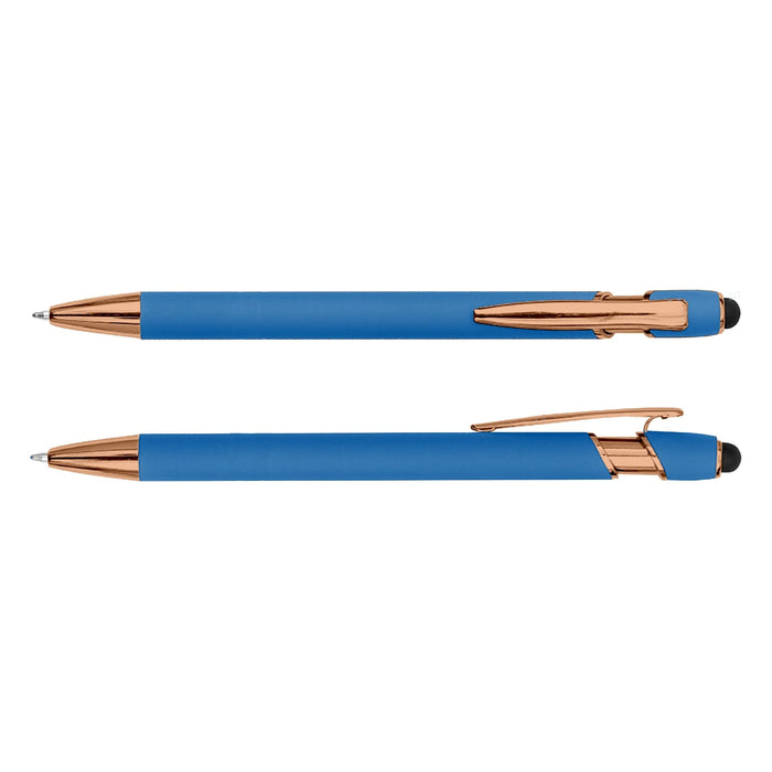 Colombo Rose Gold Stylus Pen - A blue stylus pen with rose gold accents, featuring a smooth finish and a branding logo on the side.