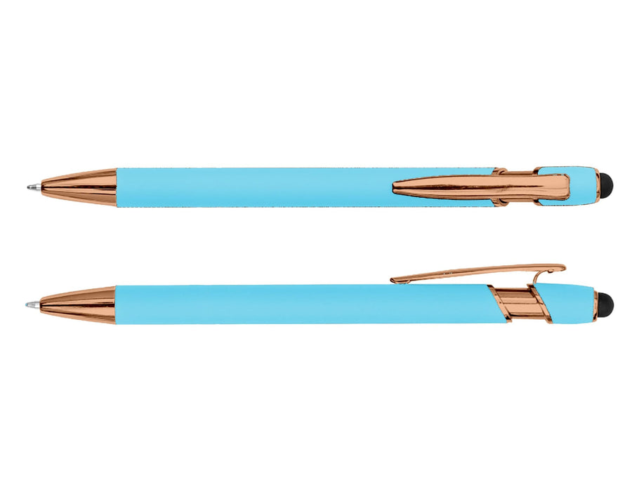 Colombo Rose Gold Stylus Pen - A stylus pen in turquoise with rose gold accents, featuring a smooth finish and a logo.