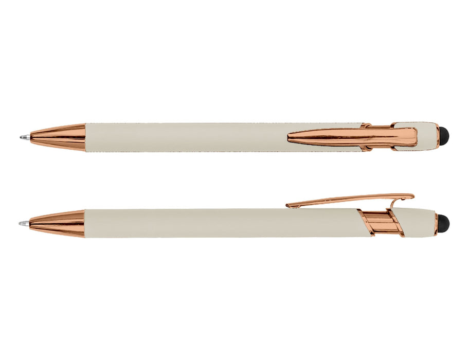 Colombo Rose Gold Stylus Pen - A set of two stylus pens in cream with rose gold accents, featuring a logo on the barrel.