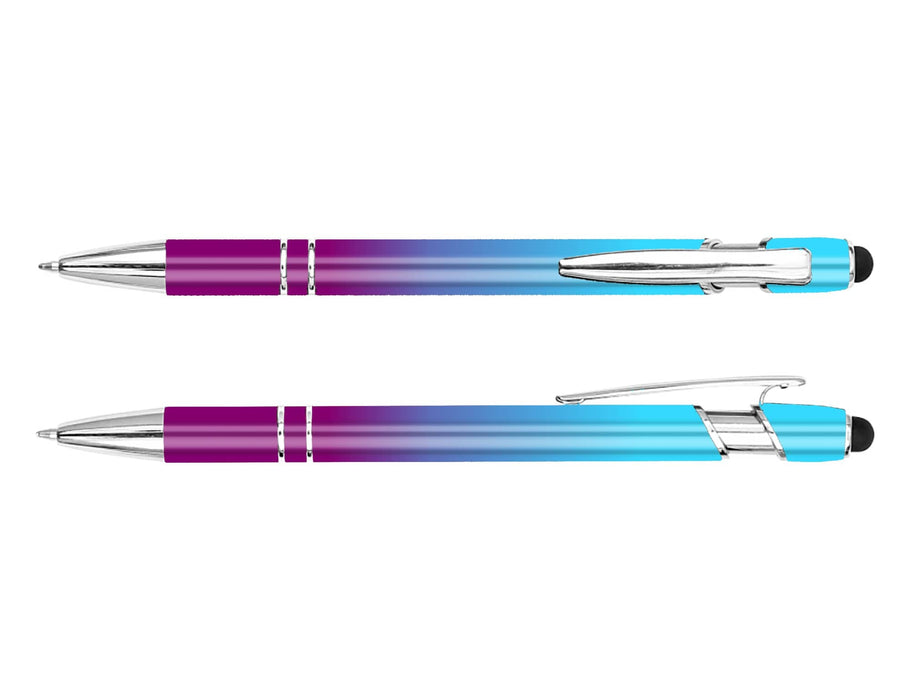 Colombo Horizon Stylus Pen - A stylus pen featuring a gradient design of purple and blue with silver accents and a clip.