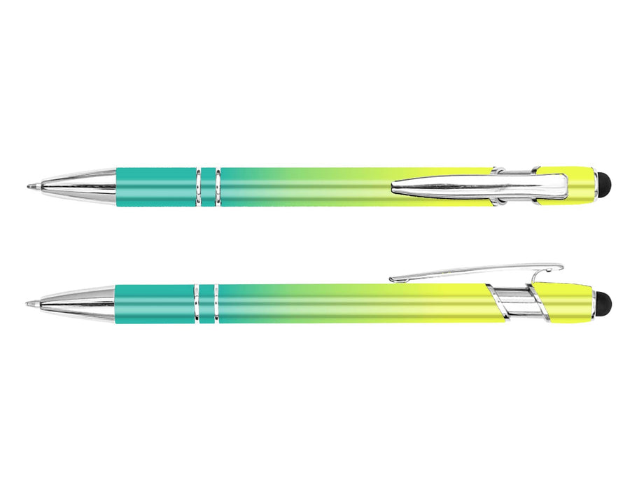 Colombo Horizon Stylus Pen - A stylus pen in vibrant green and turquoise hues with chrome accents and a logo.