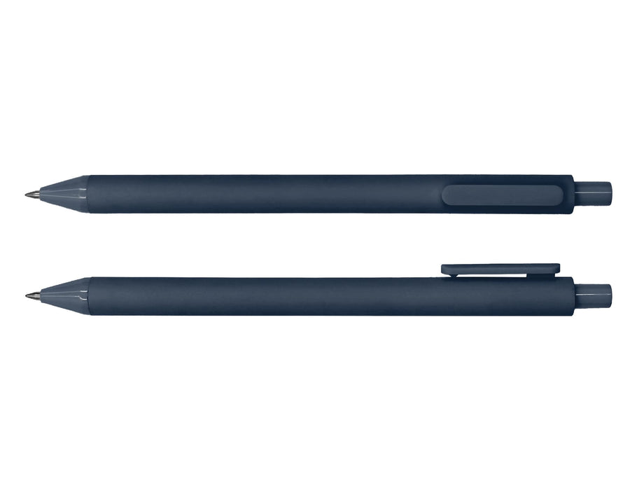 Virgo Ball Point Pen - Two navy blue ballpoint pens laid parallel, featuring a clip and a smooth design. The pens have a simple branding logo.