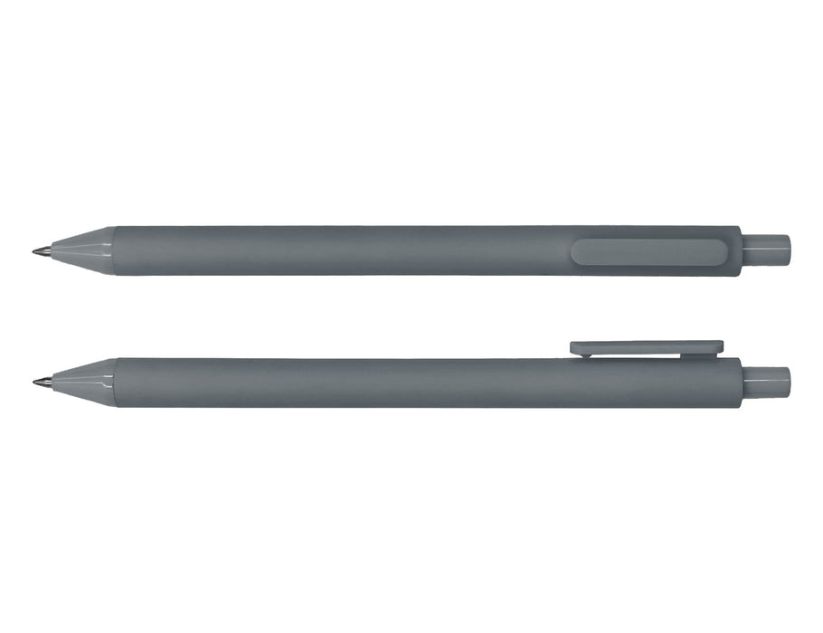 Virgo Ball Point Pen - A grey ballpoint pen displayed from two angles, featuring a clip and smooth body design.