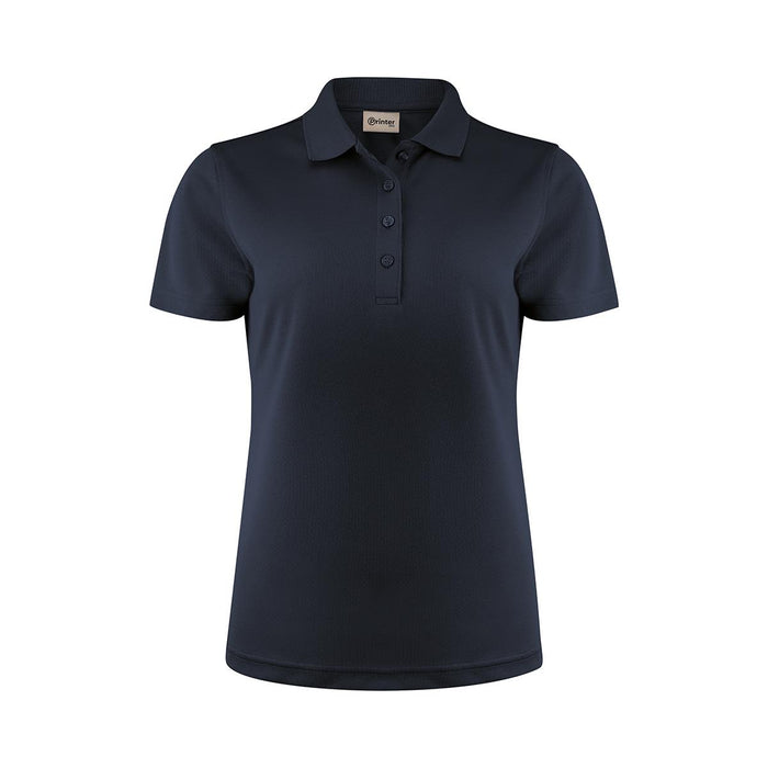 Women's Smash Polo - A navy blue women's polo shirt featuring a collar and three buttons, with a logo on the label.