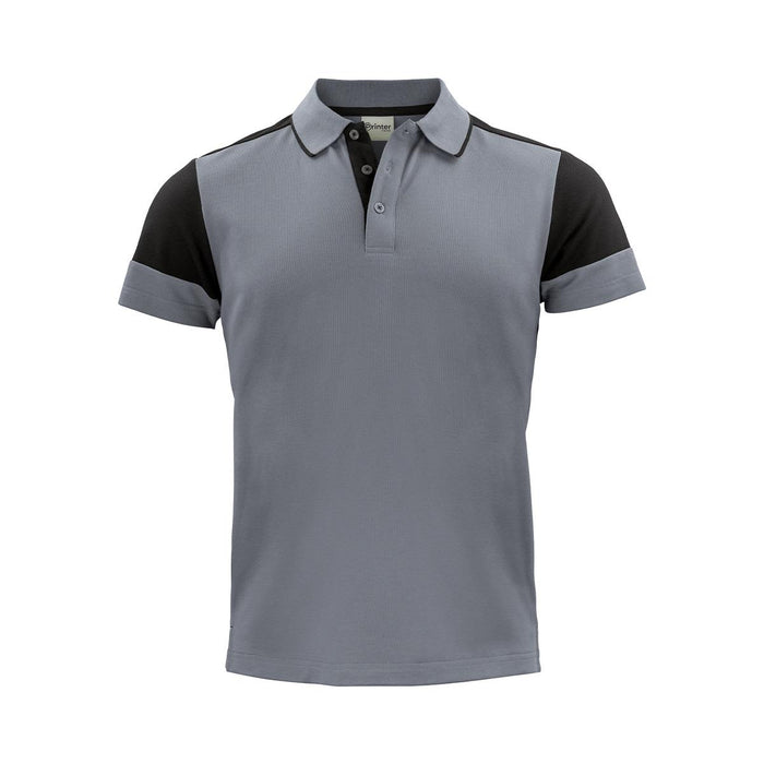 Men's Printer Prime Polo - A polo shirt with a grey body and black sleeves, featuring a collar and button placket. It has a logo on it.
