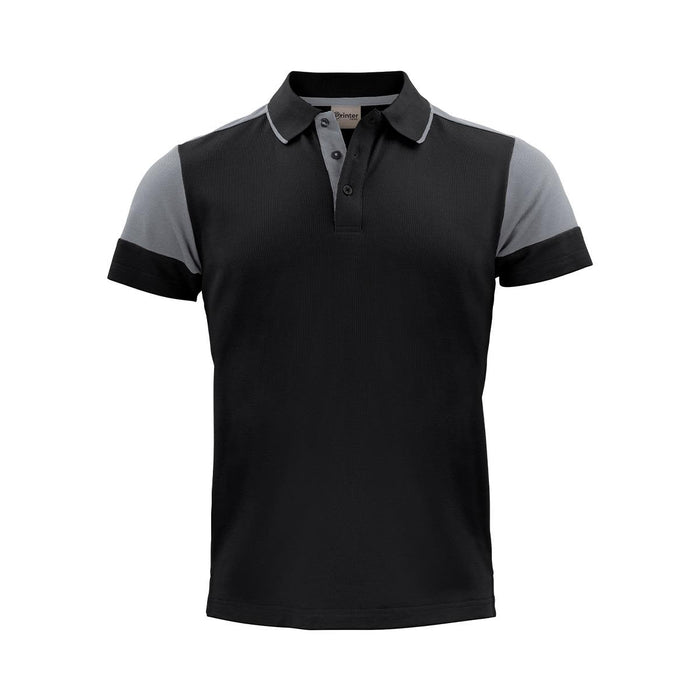 Men's Printer Prime Polo - A black and grey polo shirt featuring a collar, short sleeves, and a logo on the chest.