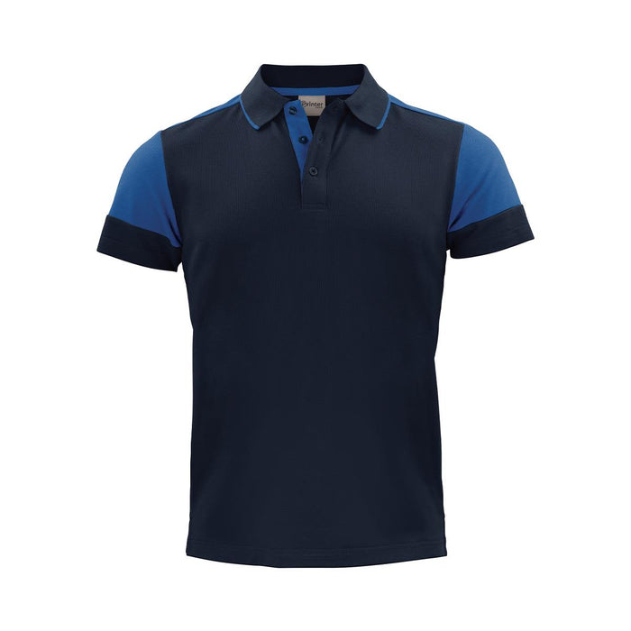 Men's Printer Prime Polo - A navy blue polo shirt with blue sleeves and a collar, featuring a branding logo.