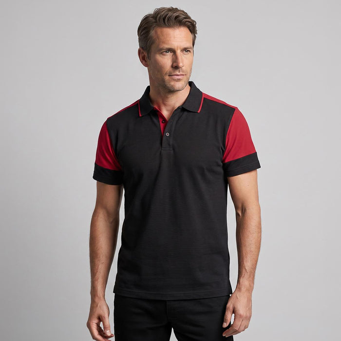 Men's Printer Prime Polo - A men's polo shirt in black with red sleeves and collar, featuring a logo on the chest.