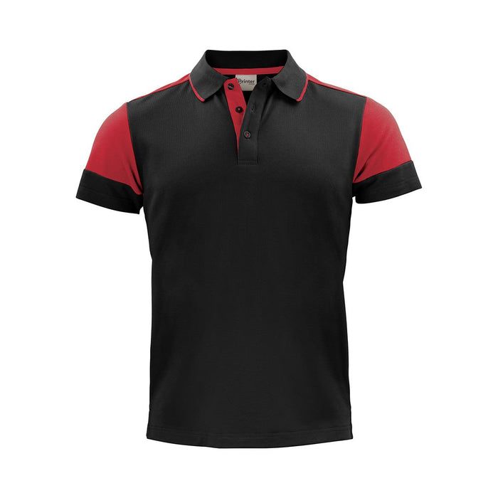 Men's Printer Prime Polo - A black and red polo shirt with a collar, short sleeves, and a logo on the chest.