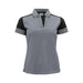 Women's Printer Prime Polo - A women's polo shirt in grey with black sleeves and collar, featuring a subtle design and a logo.
