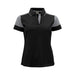 Women's Printer Prime Polo - A women's black and grey polo shirt with short sleeves and a collar, featuring a logo.