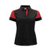 Women's Printer Prime Polo - A women's polo shirt featuring a black body with red sleeves and a collar, designed with a logo.