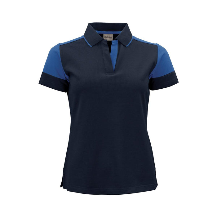 Women's Printer Prime Polo - A women's polo shirt in navy with blue accents, featuring a collared neckline and a logo.