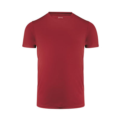 Men's Run Active Tee - A red men's active tee with a crew neckline and short sleeves, featuring a logo on the neckline.