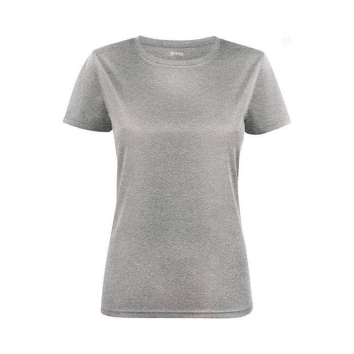 Women's Run Active Tee - A women's active tee in grey, featuring short sleeves and a round neckline, with a logo on the front.