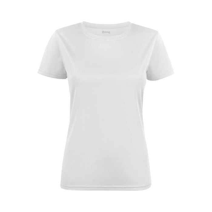 Women's Run Active Tee - A white women's active t-shirt with a round neckline and short sleeves, featuring a logo on the front.