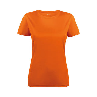 Women's Run Active Tee - An orange women's active tee with a crew neckline and short sleeves, featuring a logo.