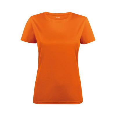 Women's Run Active Tee - An orange women's active tee with a crew neckline and short sleeves, featuring a logo.
