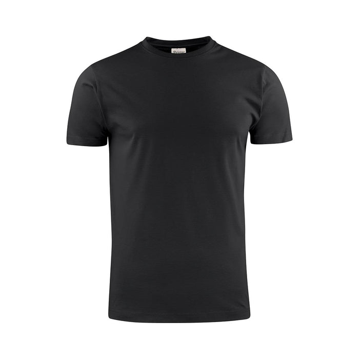 Men's Printer 140 Tee - A black men's t-shirt with a crew neck and short sleeves, featuring a logo on the label.