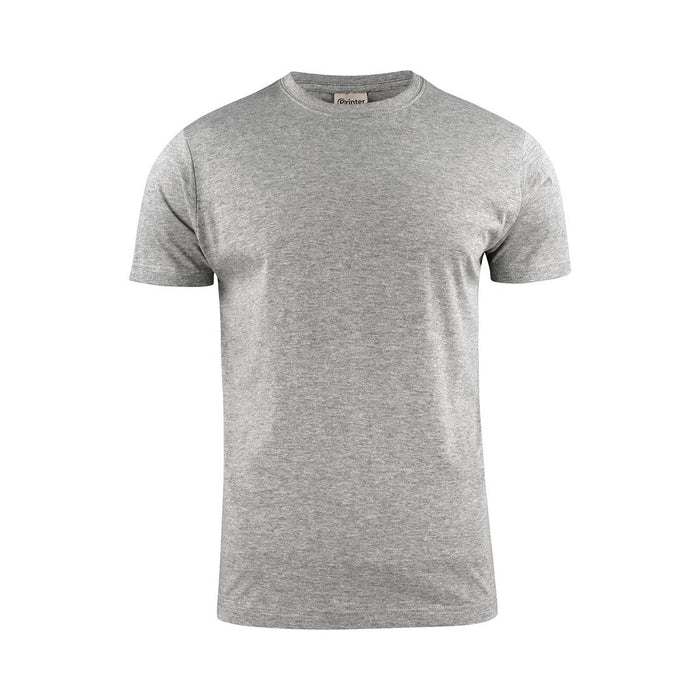 Men's Printer 140 Tee - A grey men's t-shirt with a round neckline and short sleeves, featuring a branding logo on the label.