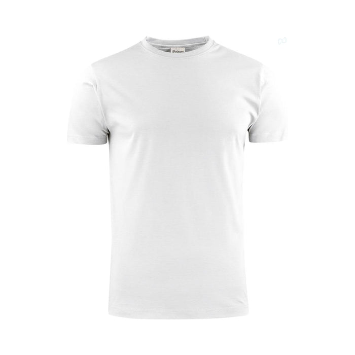 Men's Printer 140 Tee - A plain white men's t-shirt with a round neck and short sleeves. It features a small logo on the collar.
