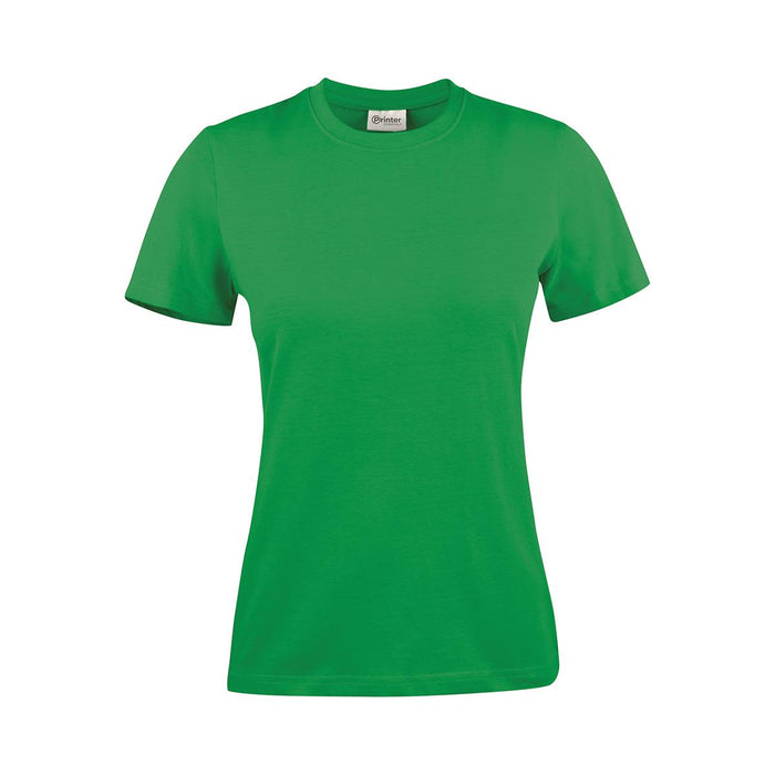 Women's Printer 140 Tee - A green women's t-shirt with a classic crew neck and short sleeves, featuring a logo on the label.