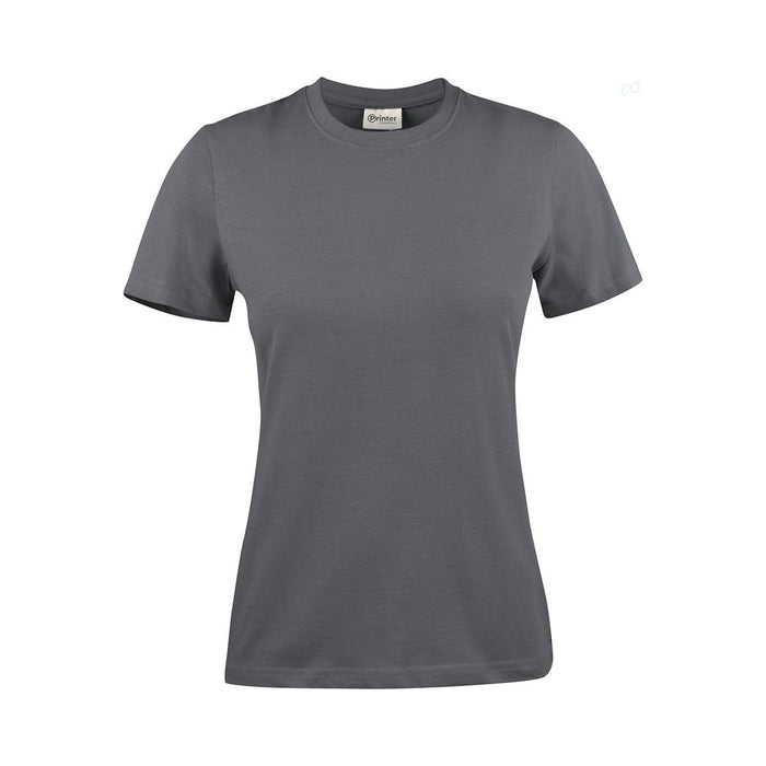 Women's Printer 140 Tee - A grey women's t-shirt with short sleeves, featuring a brand logo on the label.