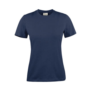 Women's Printer 140 Tee - A navy blue women's t-shirt with short sleeves and a fitted design. The shirt has a logo on the label.