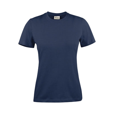 Women's Printer 140 Tee - A navy blue women's t-shirt with short sleeves and a fitted design. The shirt has a logo on the label.
