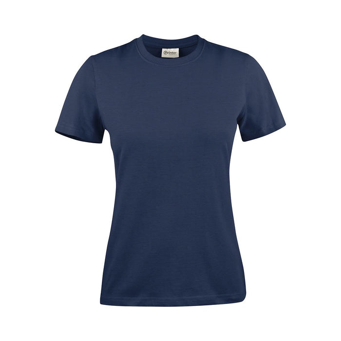 Women's Printer 140 Tee - A navy blue women's t-shirt with short sleeves and a fitted design. The shirt has a logo on the label.