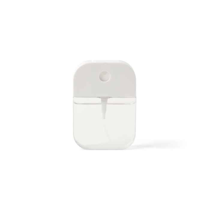 Scented 35ml Spray Sanitiser - A white and transparent 35ml spray sanitiser bottle with a nozzle and minimalistic design. It has a logo on the front.