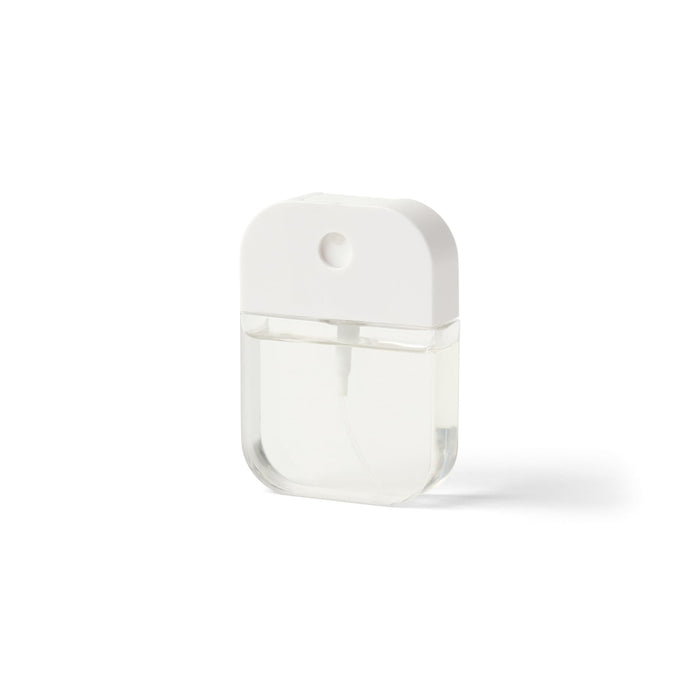 Scented 35ml Spray Sanitiser - A clear 35ml spray sanitiser in a rectangular white container with a nozzle and logo.