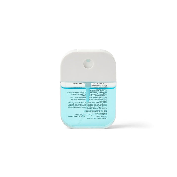 Scented 35ml Spray Sanitiser - A 35ml spray sanitiser in a clear container with a white top, featuring a light blue liquid inside.