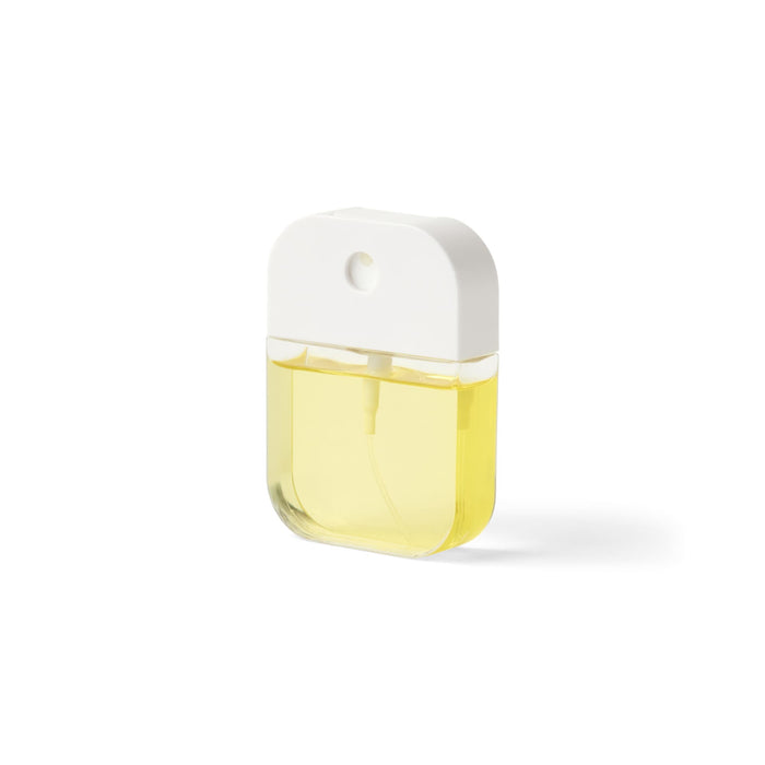 Scented 35ml Spray Sanitiser - A 35ml spray sanitiser bottle with a transparent yellow liquid and a white cap, featuring a logo.