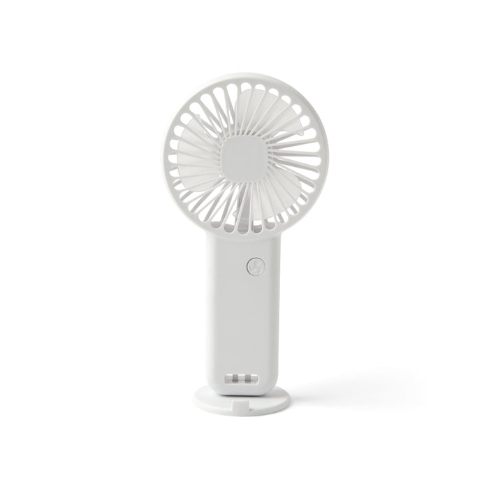 Hybrid Fan - A white portable fan with a circular design, featuring a base and a power button. It has a minimalistic look.