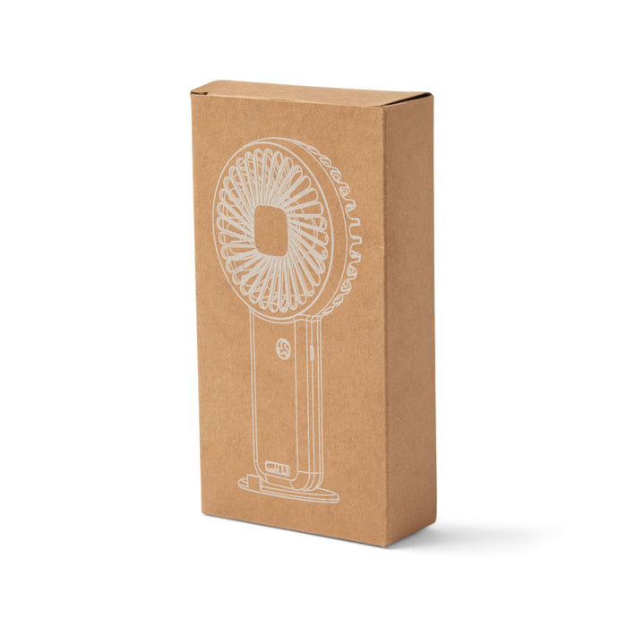 Hybrid Fan - A boxed hybrid fan, featuring a colourful fan design with a sturdy base, in a simple brown packaging.