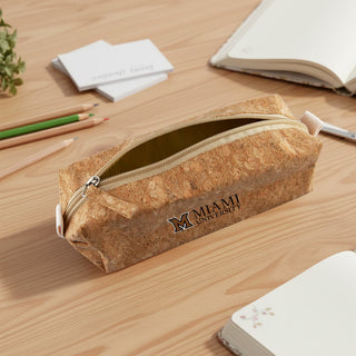 Cork Pencil Case - A cork pencil case in a rectangular shape with a zip closure, featuring a logo and a natural cork colour.
