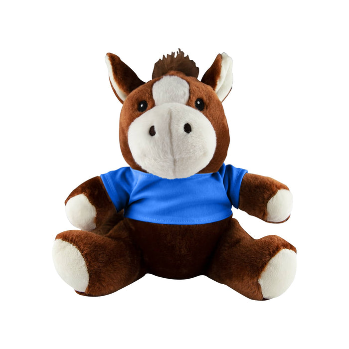 Horse Plush - A brown plush horse with a white snout, wearing a blue shirt. The horse has a soft, cuddly appearance.