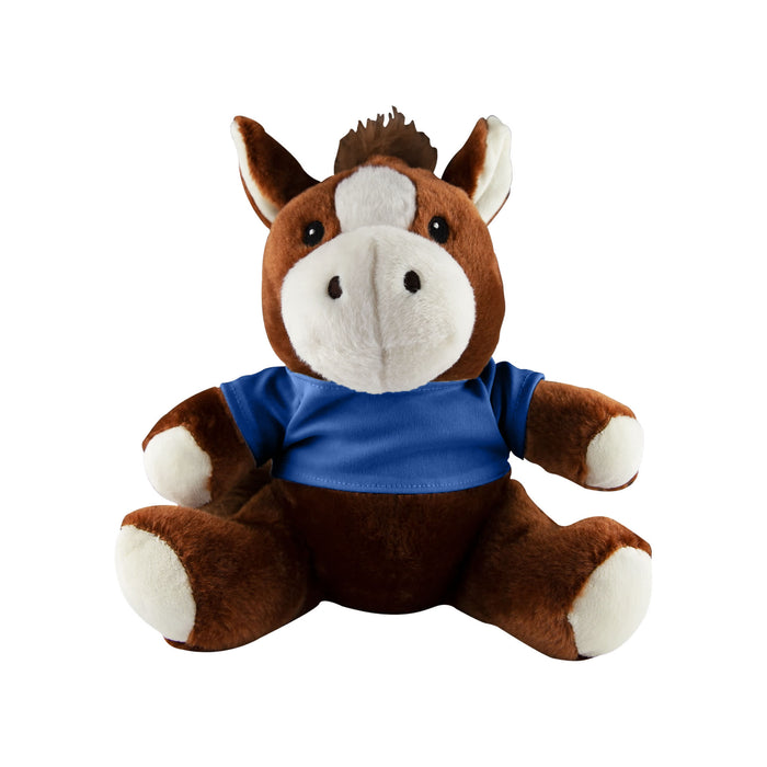 Horse Plush - A brown horse plush toy wearing a blue shirt, with a cute face and soft fur. It has a logo on its shirt.