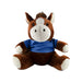Horse Plush - A brown horse plush toy wearing a blue shirt, with a cute face and soft fur. It has a logo on its shirt.