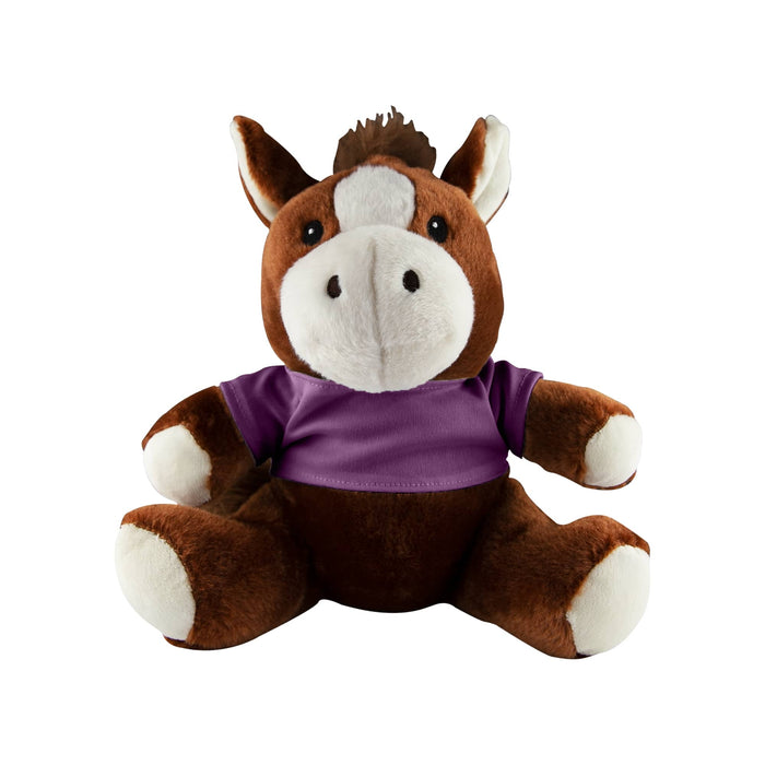 Horse Plush - A brown and cream horse plush toy with a purple shirt and a friendly expression, featuring a small mane.