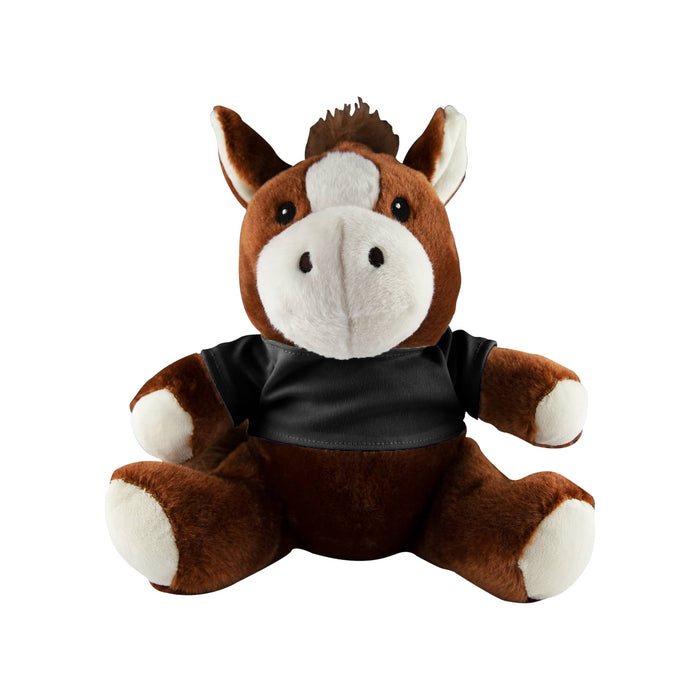 Horse Plush - A brown horse plush toy with a black shirt, featuring white accents on its face and paws. It has a tuft of brown hair.