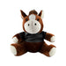 Horse Plush - A brown horse plush toy with a black shirt, featuring white accents on its face and paws. It has a tuft of brown hair.