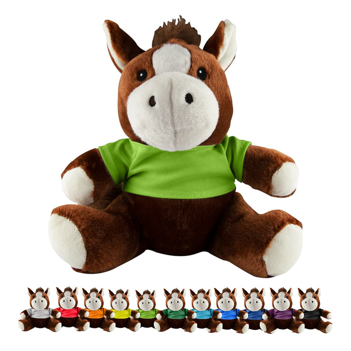 Horse Plush - A brown horse plush toy wearing a green shirt, surrounded by smaller horse plushies in various colours.