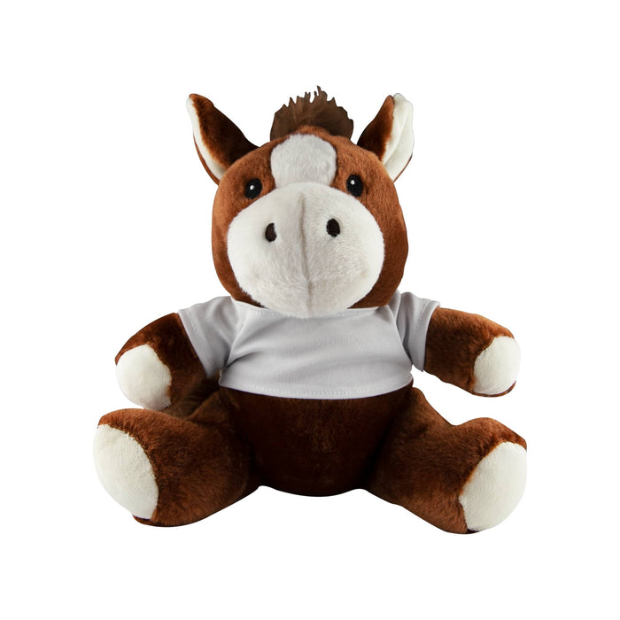 Horse Plush - A brown and white plush horse sitting upright, wearing a white shirt. It has a friendly expression and a fluffy mane.