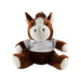 Horse Plush - A brown and white plush horse sitting upright, wearing a white shirt. It has a friendly expression and a fluffy mane.